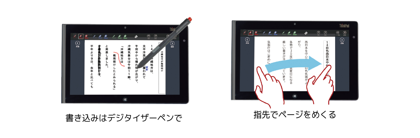 「書き込みは”ペン”」「原稿のめくりは”指”」